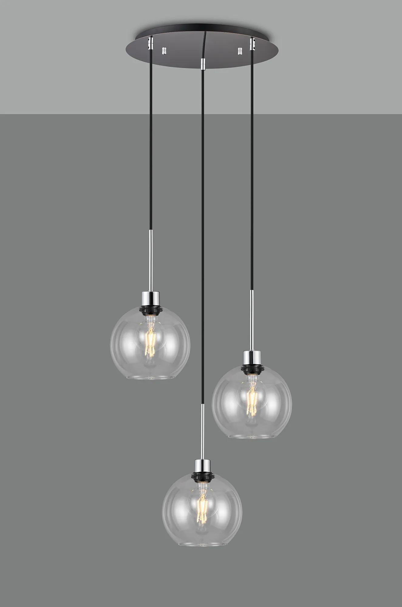 Lori 40cm Round Pendant, 3 Light Adjustable E27, Polished Chrome/Clear Open Mouth Round Globe Shades DK1272  Deco Lori Polished Chrome